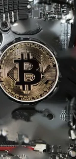 Golden Bitcoin on a circuit board wallpaper, tech-themed background.