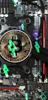 Bitcoin logo on an intricate tech circuit board wallpaper.