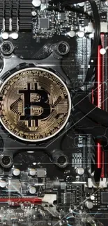 Bitcoin logo on circuit board with tech elements in dark theme.