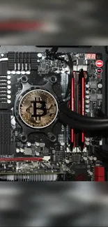 Bitcoin symbol on a circuit board with tech elements.