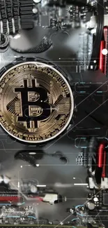 Bitcoin symbol on a circuit board with tech elements.