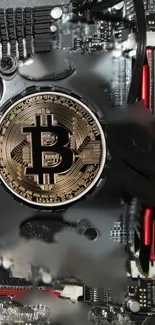 Bitcoin on a detailed circuit board wallpaper showcasing tech elegance.