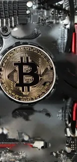 Bitcoin emblem on a circuit board with dark and metallic tones.