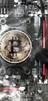 Bitcoin logo on computer circuit board wallpaper.