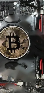 Close-up of Bitcoin on circuit board wallpaper.