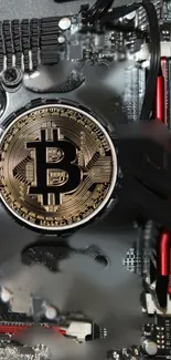 Bitcoin symbol on electronic circuit board background.