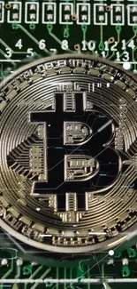 Bitcoin coin on green circuit board background.