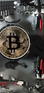 Bitcoin symbol on a circuit board, tech-themed wallpaper.