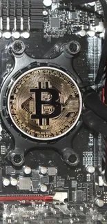 Bitcoin logo on sleek circuit board with red and black accents.