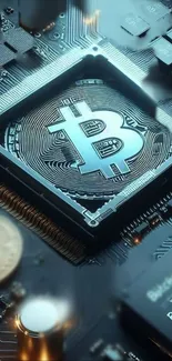 Bitcoin themed circuit board close-up wallpaper.