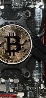 Bitcoin symbol on a motherboard with red circuitry.