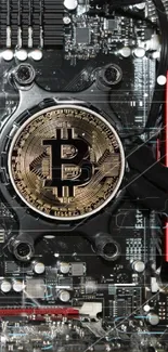 Bitcoin-themed circuit board wallpaper with intricate hardware details.