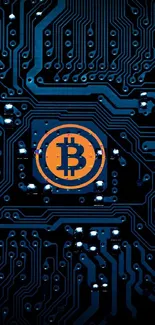 Bitcoin logo on a dark circuit board wallpaper with a tech theme.