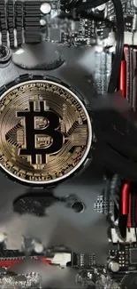 Bitcoin symbol on circuit board wallpaper for mobile devices.