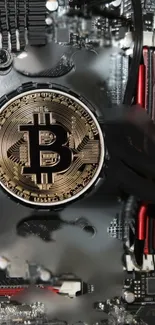 Golden Bitcoin on a circuit board wallpaper.