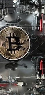 Bitcoin coin on a detailed electronic circuit board wallpaper.