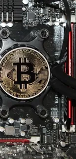 Bitcoin symbol on a computer motherboard with red and black circuits.