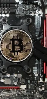 Bitcoin emblem on circuit board wallpaper.