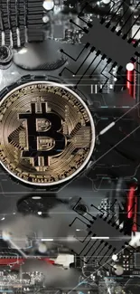 Bitcoin on a circuit board design wallpaper.