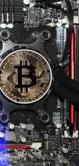 Bitcoin symbol on computer motherboard wallpaper with black and red elements.