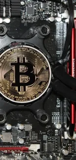 Bitcoin logo on CPU circuit board wallpaper with technological details.