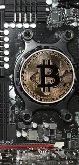 Bitcoin logo on CPU circuit board wallpaper.