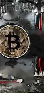 Bitcoin emblem on tech circuit board wallpaper.