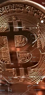 Bitcoin symbol on a digital network styled background with a copper color scheme.