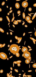 Bitcoin coins cascade on a black backdrop in this digital phone wallpaper.