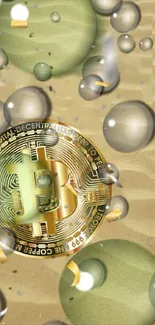 Bitcoin surrounded by bubbles with a sandy background.