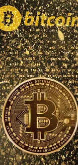 Bitcoin symbol on gold glitter background, perfect for cryptocurrency fans.