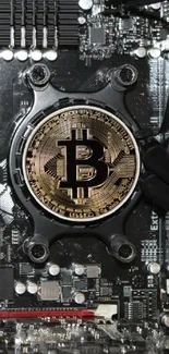 Bitcoin symbol on a detailed circuit board tech wallpaper.