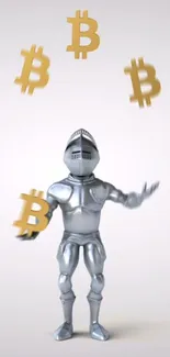 Knight in armor juggling Bitcoin symbols on a minimalist background.