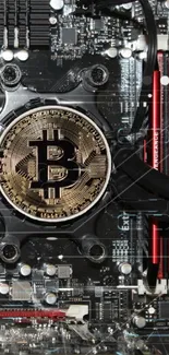 Motherboard circuit art featuring a Bitcoin logo.