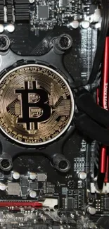 Bitcoin symbol set on intricate circuit board wallpaper.