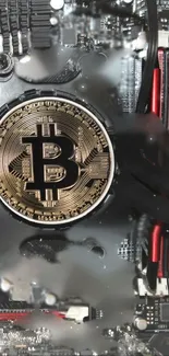 Bitcoin symbol on a circuit board, combining cryptocurrency and technology themes.