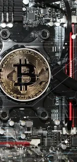 Bitcoin symbol on a detailed computer motherboard design.