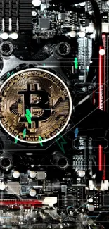 High-tech circuit board with central Bitcoin emblem for mobile wallpaper.