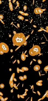 Bitcoin coins raining on a black background, ideal for crypto fans.