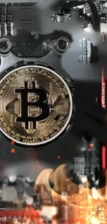 Bitcoin logo on motherboard with fiery effect.