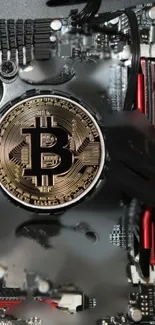 Bitcoin emblem on circuit board, tech-themed wallpaper.