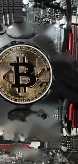 Bitcoin emblem on circuit board technology wallpaper.