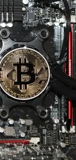 Bitcoin theme on CPU board with intricate circuitry design.