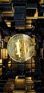 Bitcoin themed wallpaper with gold elements and geometric 3D design.