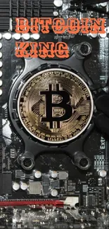 Bitcoin coin on motherboard wallpaper with dark tech theme.