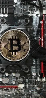 Bitcoin themed tech wallpaper with circuit board design and digital elements.
