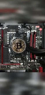 Bitcoin logo on tech circuit board wallpaper.