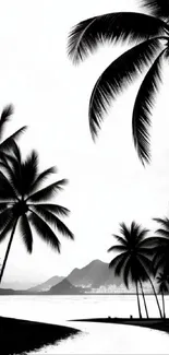 Black and white wallpaper with palm trees on a calm beach.