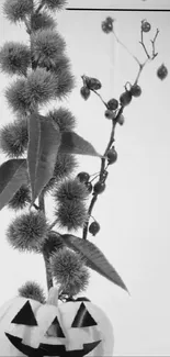 Black and white Halloween pumpkin wallpaper with natural leaves.