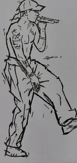 Black and white sketch of a musician holding a microphone.